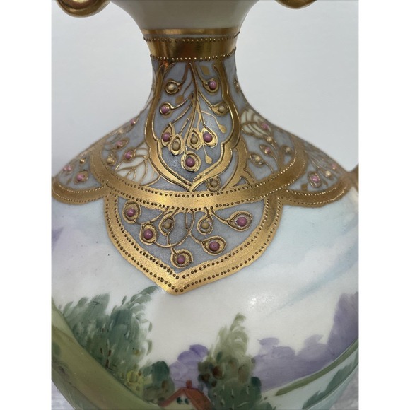 Nippon Hand-Painted Gilded Double Handled Vase 1910 Floral With Enamel 11 1/4 - Picture 6 of 6